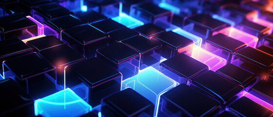 Obraz premium Bright neon elements and 3D cubes create a modern, tech-savvy atmosphere.