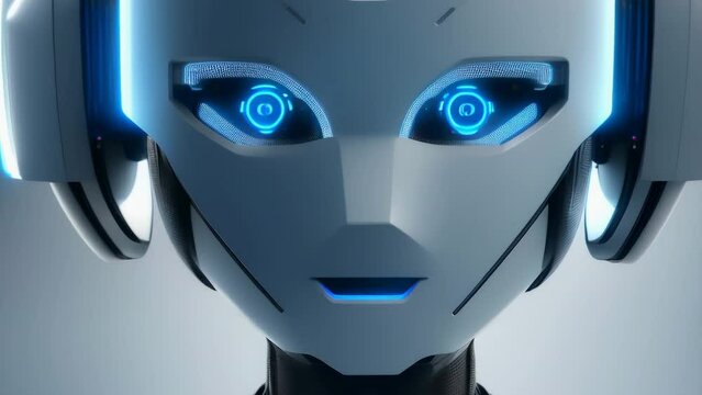 Cute robot chatbot turn head close up. AI support in technology and business concept. Chat bot service. Artificial intelligence assistant. Automatic cyborg machine helper rise. Cartoon computer mascot