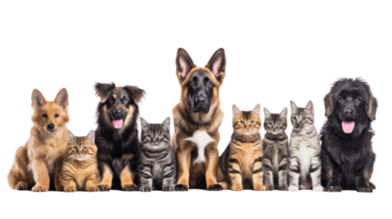 Large group of cats together in a row looking at the camera isolated on transparent and white background.PNG image.