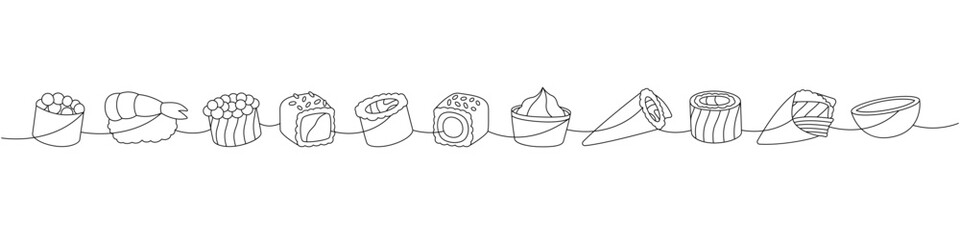 Set of sushi rolls. Japanese cuisine, traditional food one line drawing. Ikura sushi, tobiko maki, shrimp nigiri, tekkamaki tuna roll, futomaki
