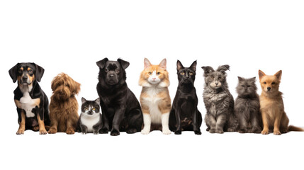 Large group of cats together in a row looking at the camera isolated on transparent and white...