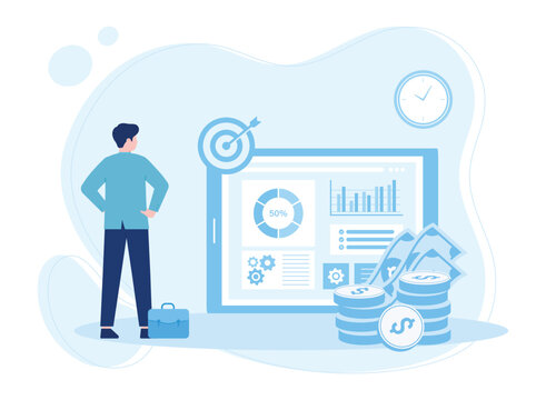 business plan or statistics on screen. time or money management  budget planning. businessstrategy concept flat illustration