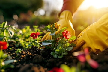 closeup of gardener hands with yellow gloves planting spring pansy flowers in garden flower bed soil