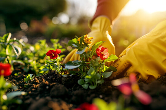 Fototapeta closeup of gardener hands with yellow gloves planting spring pansy flowers in garden flower bed soil