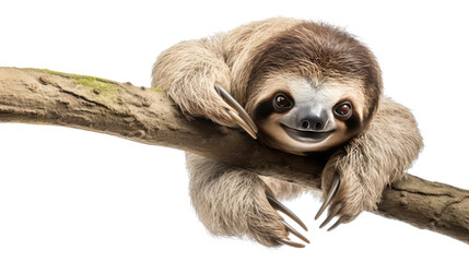 Fototapeta premium sloth hanging on tree branch isolated on white background. 