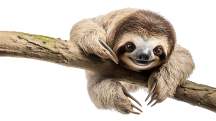sloth hanging on tree branch isolated on white background. 