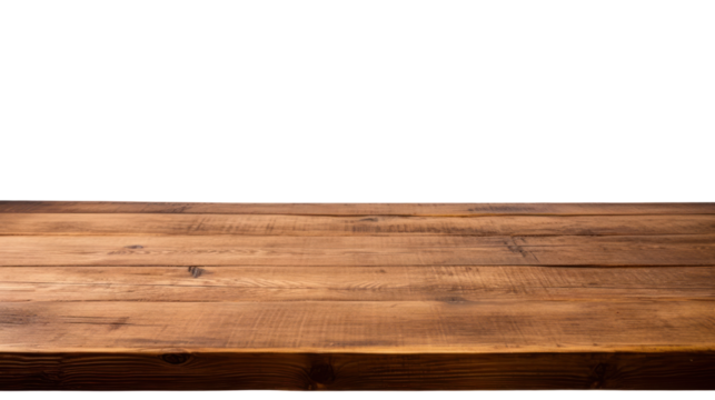 Empty wood table isolated on transparent and white background.PNG image.
