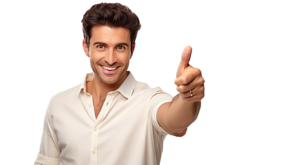 	
Confident and happy smiling man and pointing isolated on transparent and white background.PNG image.	
