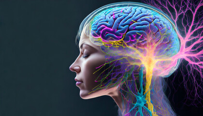 Obraz premium Close up of a human brain stylized with multicolored neurons, glowing impulses and electric lines on black background. Creative freedom idea, minimal composition and copy space.