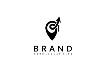 Travel pin logo with arrow in flat vector template design