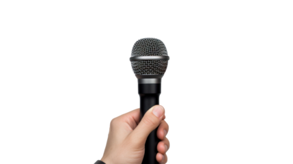 Close up Reporter Hand, Hand Holding Microphone Isolated on transparent and white background.PNG image.