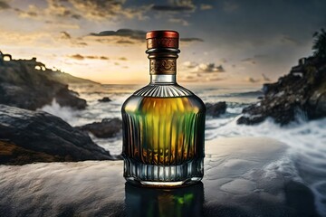 classy and expensive ornamented liquor bottle , scottish highlands fjords background - obrazy, fototapety, plakaty