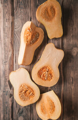 pumpkin and piece of pumpkin. Pumpkin Soup Ingredients.Copyspace. Top view. Healthy and natural food. Agriculture