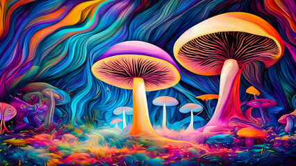 4k wallpaper with mushrooms in psychedelic colors