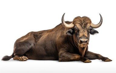 Buffalo sleeping, looking at the camera on isolated a white background.