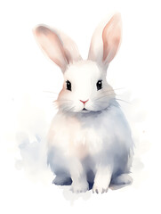 Adorable white rabbit on white background, beautiful artistic illustration card to welcome new season and celebration of easter. Fully bunny looking friendly, tame. White background.