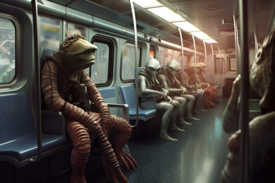 Astronauts in space suits, men and women in casual clothes and fantastic creatures ride in one subway