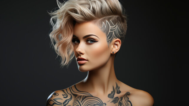 Chic Undercut Hairstyle and Tattoo Art on Elegant Woman - Trendy Hair and Body Art Studio Concept - AI Generated