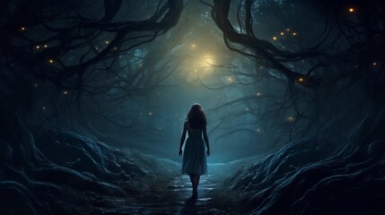 A girl entering a magical forest, a silhouette of a woman in a scary forest - obrazy, fototapety, plakaty