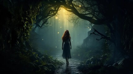 A girl entering a magical forest, a silhouette of a woman in a scary forest