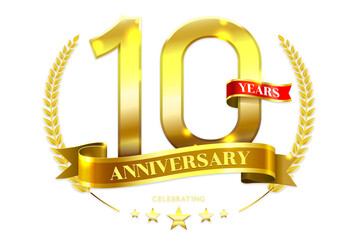 10 Years Anniversary with laurel wreath Golden Ribbon