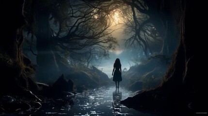 A girl entering a magical forest, a silhouette of a woman in a scary forest - obrazy, fototapety, plakaty
