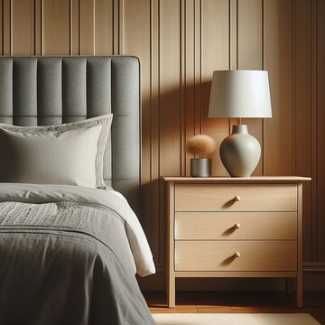 Bedside drawer nightstand and lamp near bed with grey fabric headboard against wood paneling wall. Farmhouse interior design of modern bedroom created with generative ai