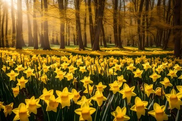 Step into the enchanting embrace of spring with a super realistic stock photo capturing the ethereal beauty of a field of yellow daffodils
