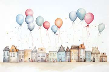 Colorful balloons float over  streets of a fairytale town watercolor illustration - obrazy, fototapety, plakaty