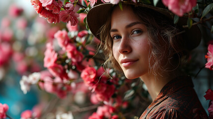 Wiosenne Inspiracje: Młoda Kobieta w Kwiatowej Rozkwitającej Przyrodzie - obrazy, fototapety, plakaty