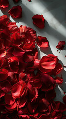 Red rose petals scattered on a flat surface, romantic and delicate, Valentine's Day themes