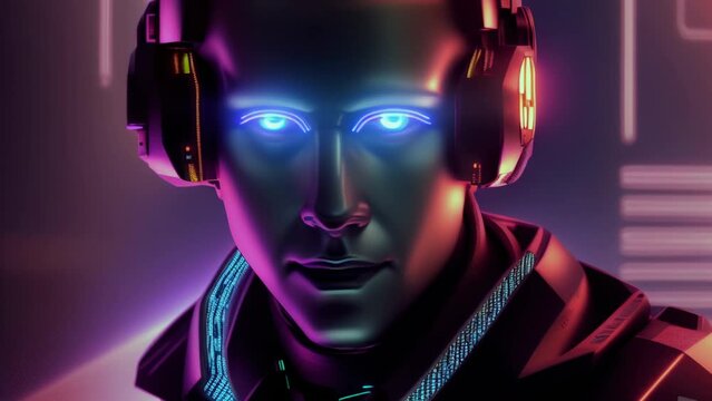 Scary dj robot man wear headphones listen music. AI support bot with glowing neon eyes. Technology and business concept. Chat service. Artificial intelligence assistant. Automatic cyborg machine rise.