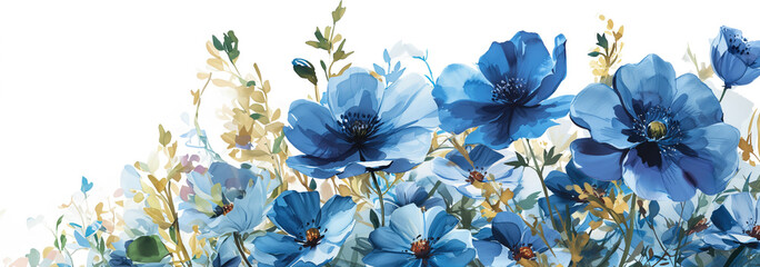 Elegant floral design featuring translucent blue poppies and foliage on a white background, suitable for springtime or nature-themed concepts - obrazy, fototapety, plakaty
