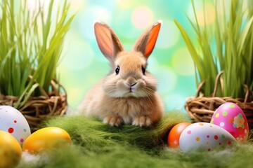 Capture the essence of spring with this adorable bunny surrounded by Easter eggs and fresh tulips, symbolizing renewal and festivity