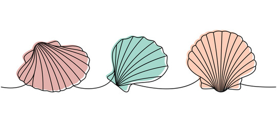 Underwater shells. Sea shells, mollusks, scallop, pearls. Tropical underwater shells continuous one line illustration. Vector minimalist illustration.