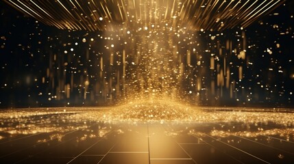 a golden confetti rain on a festive stage with a radiant light beam, an empty room at night mockup designed for the grandeur of an award ceremony, jubilee, New Year's party - obrazy, fototapety, plakaty