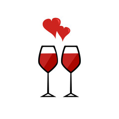 Romantic concept. Two wine glasses with two hearts icon. Valentine's day elements. Eps 10 vector illustration.
