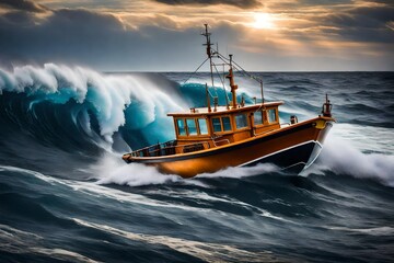 Fototapeta premium Confront the power of the open sea with a super realistic stock photo showcasing a Fish boat vessel fishing in a rough sea.