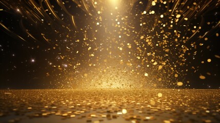 a golden confetti shower on a festive stage with a central light beam, an empty room at night mockup as the perfect backdrop for an award ceremony, jubilee - obrazy, fototapety, plakaty