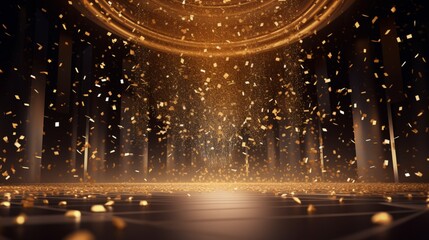 a golden confetti shower on a festive stage with a central light beam, an empty room at night mockup as the perfect backdrop for an award ceremony, jubilee - obrazy, fototapety, plakaty