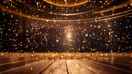 a golden confetti rain on a festive stage adorned with a radiant light beam, an empty room at night mockup inviting creativity for an award ceremony, jubilee - obrazy, fototapety, plakaty