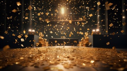 a golden confetti shower on a festive stage with a central light beam, an empty room at night mockup serving as a canvas for the grandeur of an award ceremony, jubilee - obrazy, fototapety, plakaty