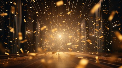a golden confetti rain on a festive stage with a radiant light beam in the middle, an empty room at night mockup, providing ample copy space for an award ceremony - obrazy, fototapety, plakaty