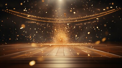 a golden confetti rain on a festive stage with a radiant light beam in the middle, an empty room at night mockup, providing ample copy space for an award ceremony - obrazy, fototapety, plakaty