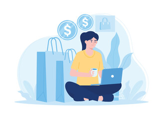 business woman with sales profits in online shop concept flat illustration