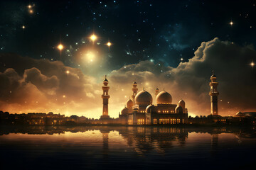 a Muslim mosque in night colors. reflection. Ramadan - obrazy, fototapety, plakaty