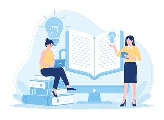 girl in front of laptop sitting on stack of books online learning concept flat illustration