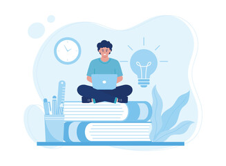 man in front of a laptop sitting on a book online learning concept flat illustration