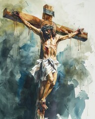 jesus christ, Jesus crucified on the cross, praying for those who crucified him, offering his love and forgiveness until his last breath, watercolor, oil paint, copy space - generative ai