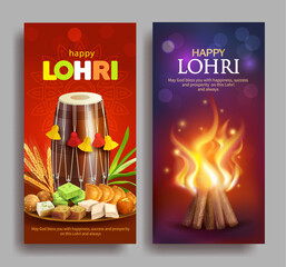 Greeting banners with traditional sweets, dhol (drum) and bonfire for Punjabi harvest festival Lohri (Pongal, Makar Sankranti). Vector illustration.